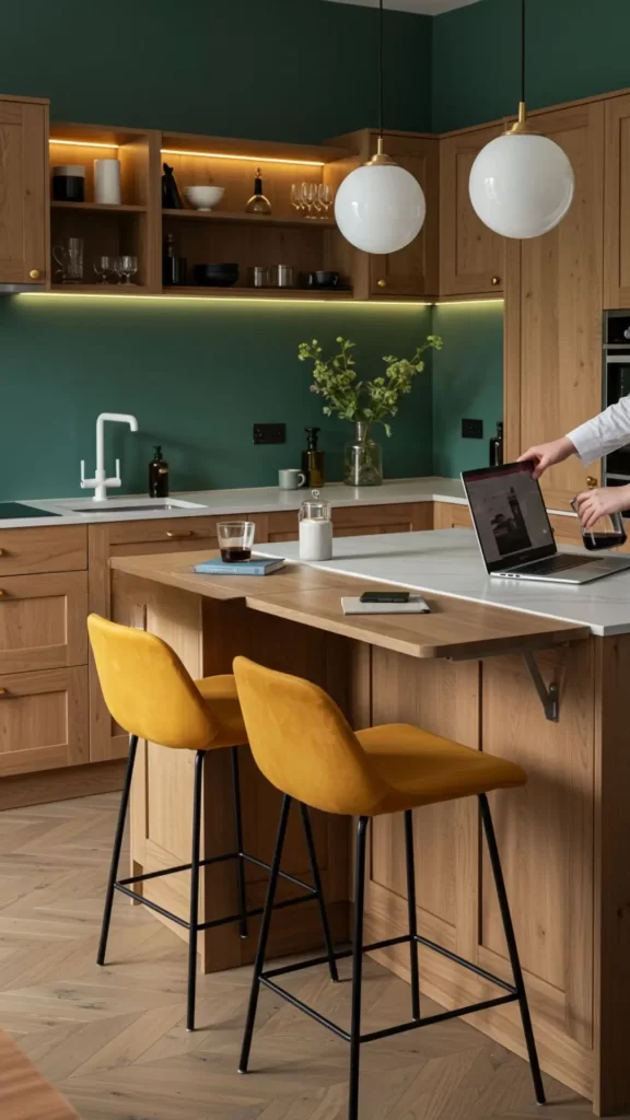 Bancada extensível com tampo dobrável em cozinha compacta e moderna.