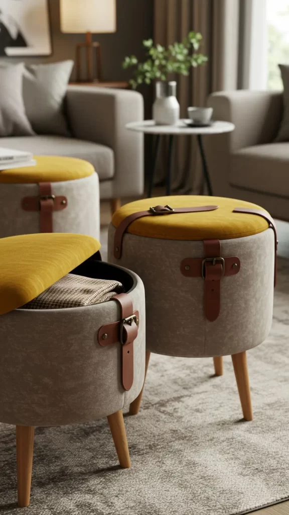 Três bancos de armazenamento estilo tambor com tampas almofadadas, pés finos curvados e cinto de couro com fivela, dispostos sobre tapete neutro em sala de estar decorada. Um banco aparece aberto mostrando espaço interno de armazenamento.
