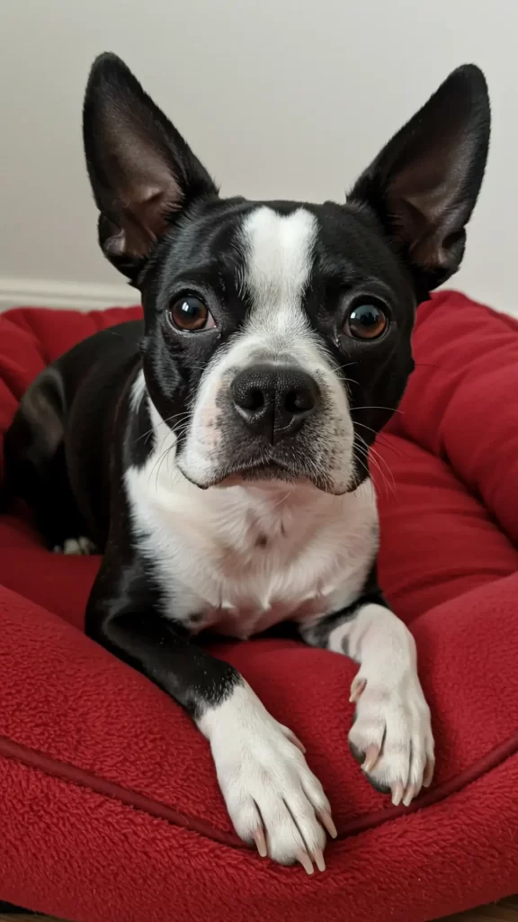 Cachorro da raça Boston Terrier preto e branco, de olhar doce e orelhas em pé, deitado sobre caminha vermelha com uma parede branca de fundo.