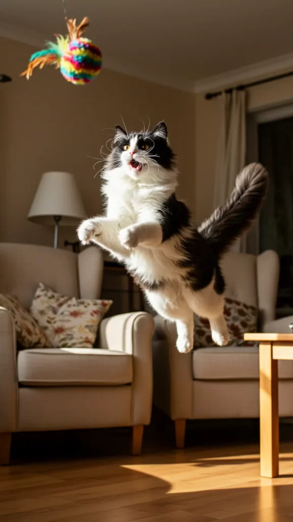 Gato preto e branco de pelo longo pulando no ar para alcançar um brinquedo colorido de penas.