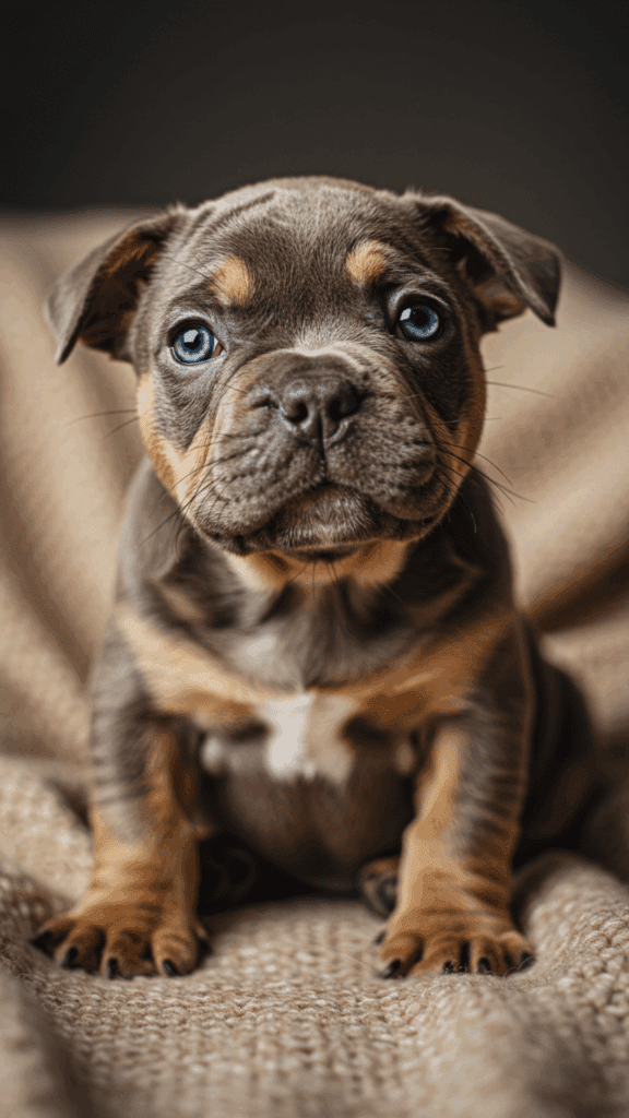 Filhote de Bulldog Francês de pêlos em tons de marrom, com olhos azuis sentado sobre cobertor de lã bege.