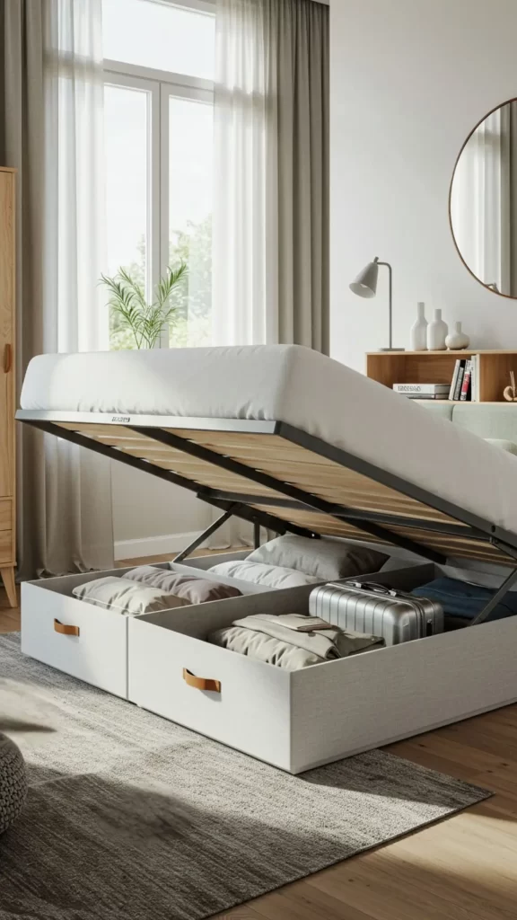 cama baú em quarto compacto. Exemplo de móveis multiuso.