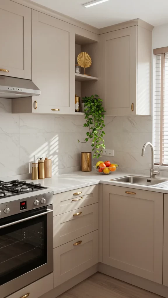 Cozinha moderna e compacta em tons claros e neutros, que ampliam visualmente o espaço graças ao uso inteligente das cores.