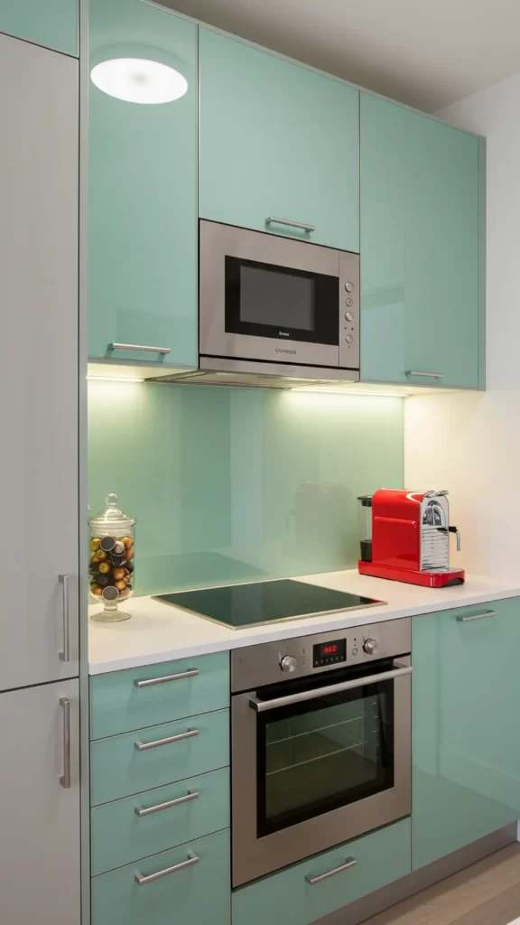 Cozinha compacta com armários e backsplash de superfície refletiva, que ampliam visualmente o ambiente ao refletirem a iluminação de forma estratégica.