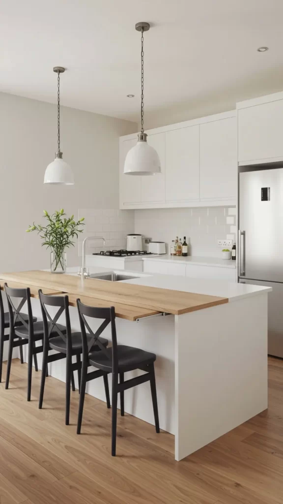 Mesa extensível em bancada de cozinha pequena. Exemplo de móveis multiuso.
