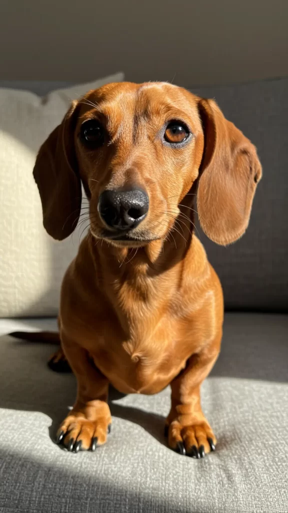Cachorro da raça Dachshund (salsinha) caramelo, sentado sobre sofá cinza com almofada cor cru de fundo.