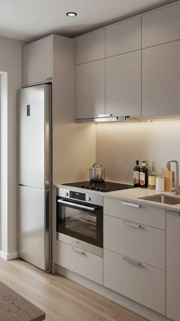 Cozinha compacta com eletrodomésticos slim e embutidos.