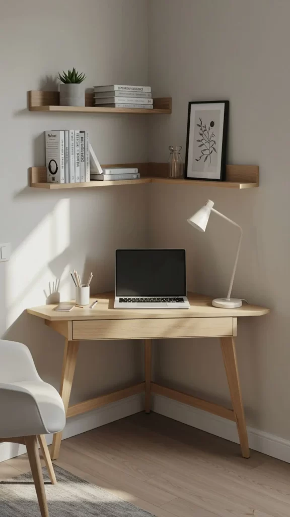 Escrivaninha triangular de canto, com gaveta e prateleira de canto compondo o cantinho home office.