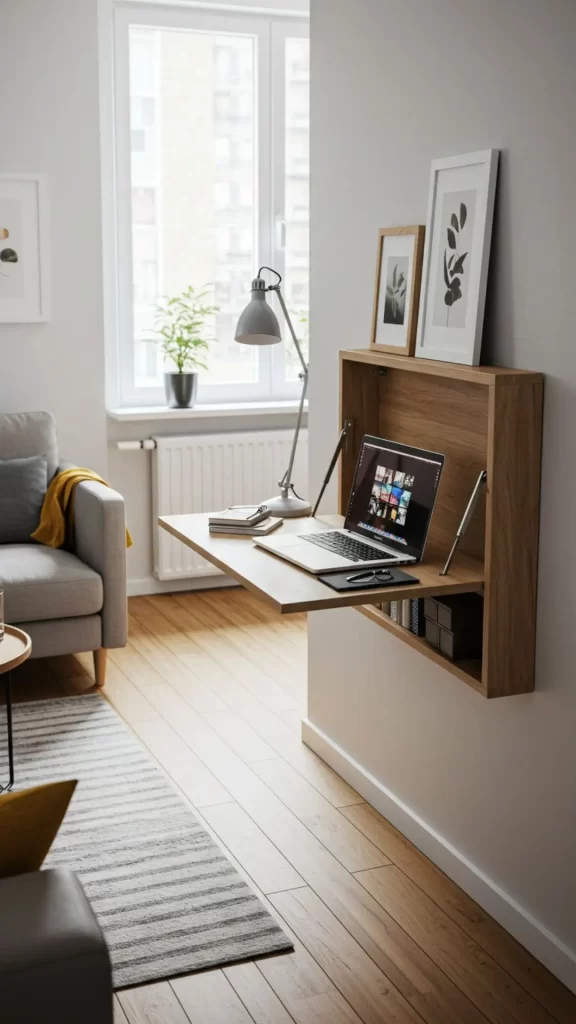 Escrivaninha dobrável fixada na parede, aberta com notebook e itens de escritório sobre o tampo. Ambiente integrado com sala de estar, ideal para espaços pequenos.