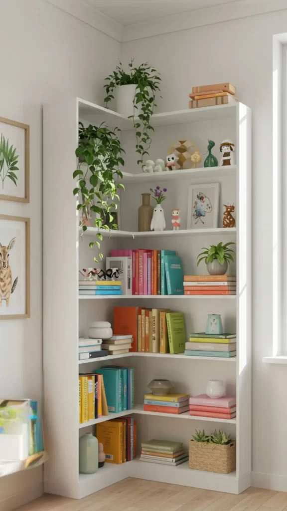 Estante de canto na sala, com decoração leve e descontraída.
