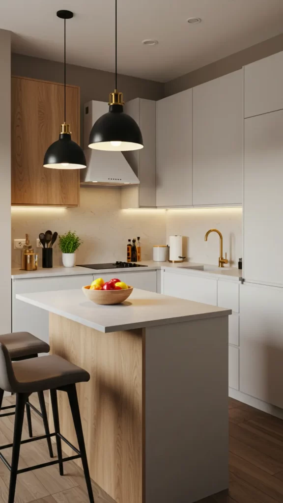 Armários de cozinha moderna com fitas de LED sob os módulos superiores e luminárias pendentes sobre a ilha, criando um jogo de luz e profundidade no ambiente.