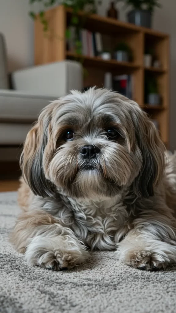 Cachorro da raça Lhasa Apso deitado sobre tapete na sala de um apartamento compacto com sofá e estante de fundo.