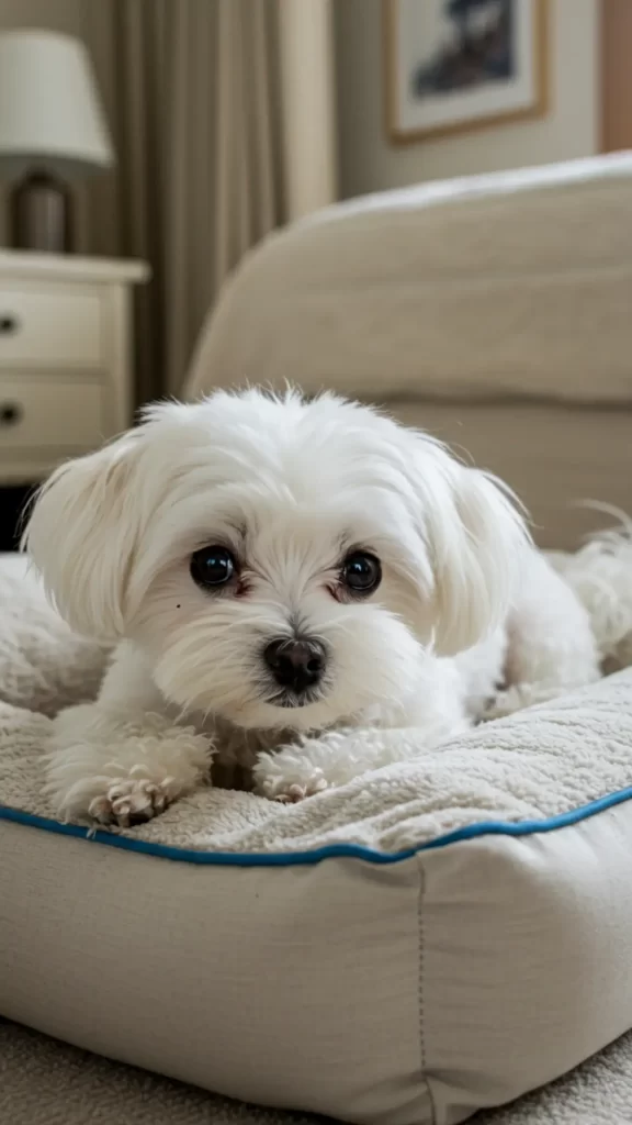 Cachorrinho filhote da raça Maltês, com pêlos brancos macios, deitado em caminha aconchegante para pets em quarto iluminado de apartamento ao lado da cama com uma cômoda ao fundo.