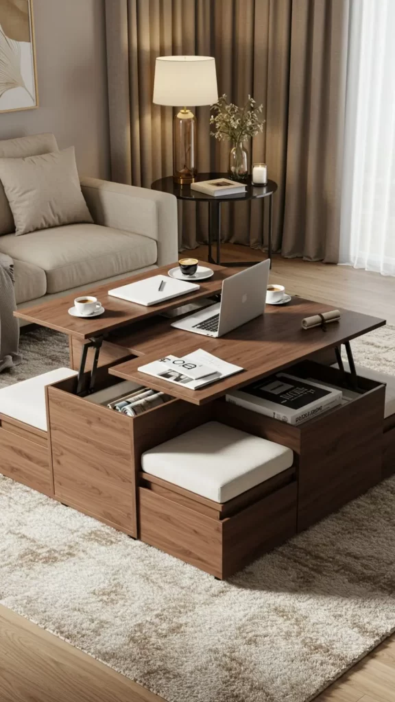 Mesa de centro multifuncional que vira home office. Exemplo de móveis multiuso.