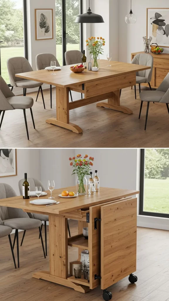 Mesa de jantar dobrável em carrinho – espaço perfeito para casas pequenas. Transformação rápida, rodízios suaves e acabamento resistente. Pratique o minimalismo sem abrir mão de conforto.