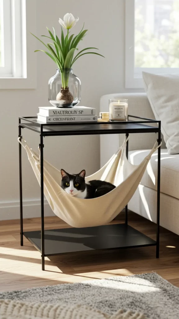 Exemplo de móveis multiuso para pets: gato preto e branco relaxa em uma rede almofadada presa com ganchos nas pernas de uma mesa lateral de metal preto. O móvel combina funcionalidade e estilo, com espaço decorado no tampo e área inferior adaptada para o conforto do pet. Ambiente com luz natural, piso de madeira clara e decoração aconchegante.