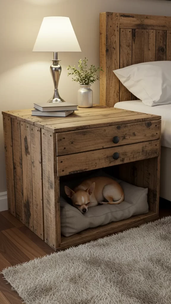 Criado mudo DIY com caminha integrada para Chihuahua, em quarto claro e aconchegante. Móvel rústico de madeira reciclada e tecido neutro, perfeito para interiores pet-friendly.