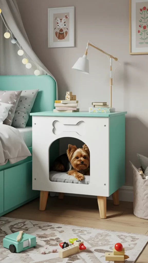 Criado mudo em quarto infantil, estilo moderno com caminha de cachorro embutida, com lateral e tampo em azul turquesa decorada com recorte em formato de osso. O criado mudo tem base elevada com pés de madeira e colchão interno com cachorrinho yorkshire deitadinho dentro.