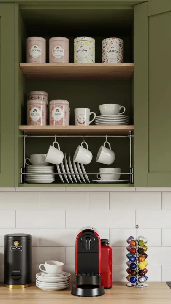 Armário de cozinha compacta com organizador de pratos e xícaras.