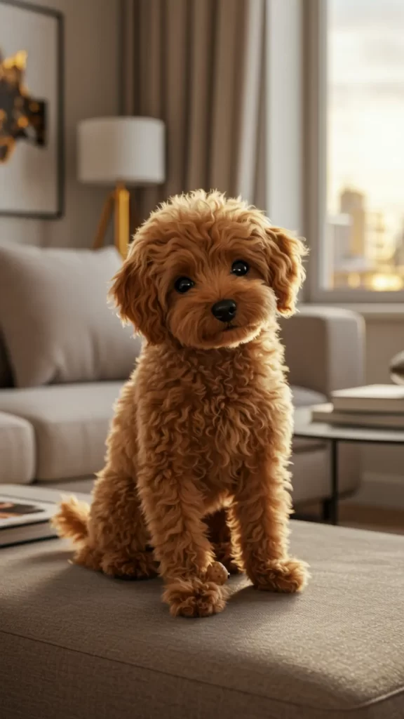 Filhote de Poodle Toy marrom claro com pelos sedosos em apartamento moderno. 