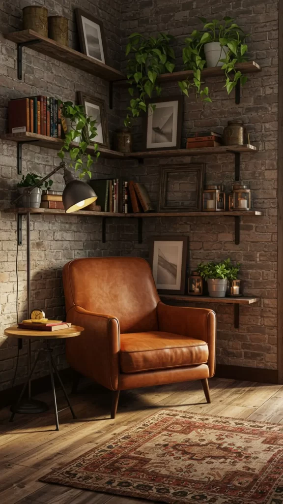Sala estilo industrial com prateleiras de canto, poltrona em couro caramelo, paredes de tijolo e luminárias estilo industrial.