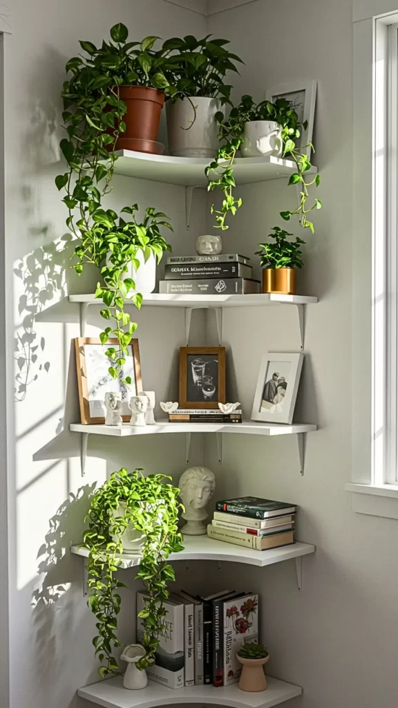 Prateleiras de canto com livros, enfeites e plantas.