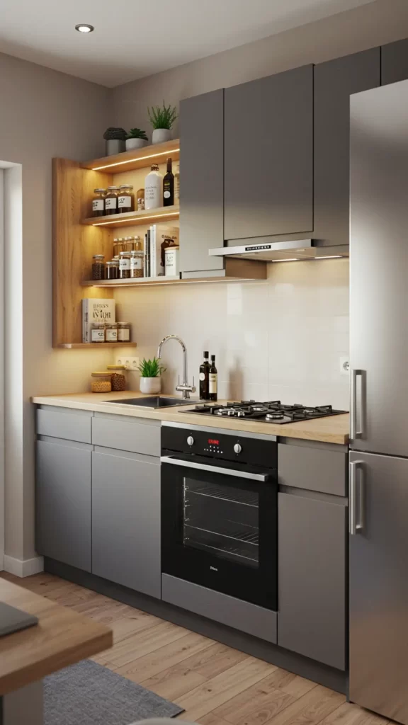 Cozinha compacta com prateleiras e nichos que acomodam temperos, plantas e livros, unindo funcionalidade e decoração em um só lugar.