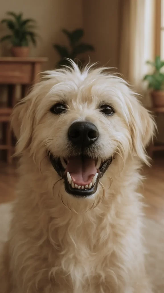 Cachorro de médio porte, sem raça definida, peludo, com pelagem caramelo e carinha feliz com a boquinha aberta em sala de apartamento compacto.