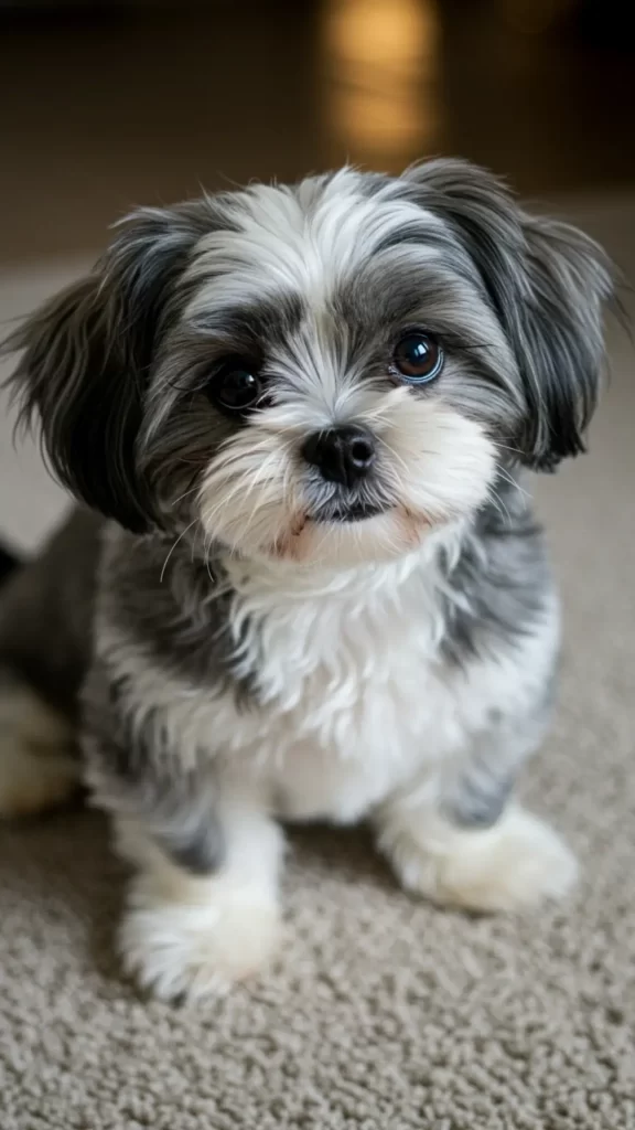 Filhote fofo de Shih Tzu cinza e branco sentado em tapete felpudo - olhar brilhante e pelagem macia.
