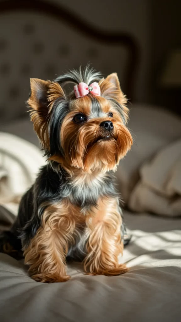 Cachorrinho da raça Yorkshire Terrier, com lacinho rosa na cabeça segurando os pêlos acima dos olhinhos, sentado sobre uma cama de casal desarrumada, com lençóis claros e cabeceira estofada