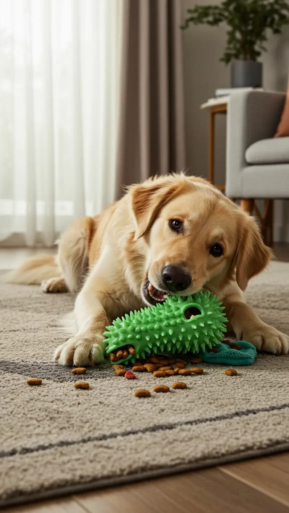Cachorro dourado deitado em um tapete macio, mordendo um brinquedo verde recheável com texturas de espinhos. O brinquedo está parcialmente cheio de ração que se espalha ao redor, criando um ambiente acolhedor e doméstico, com luz suave entrando pela janela ao fundo.