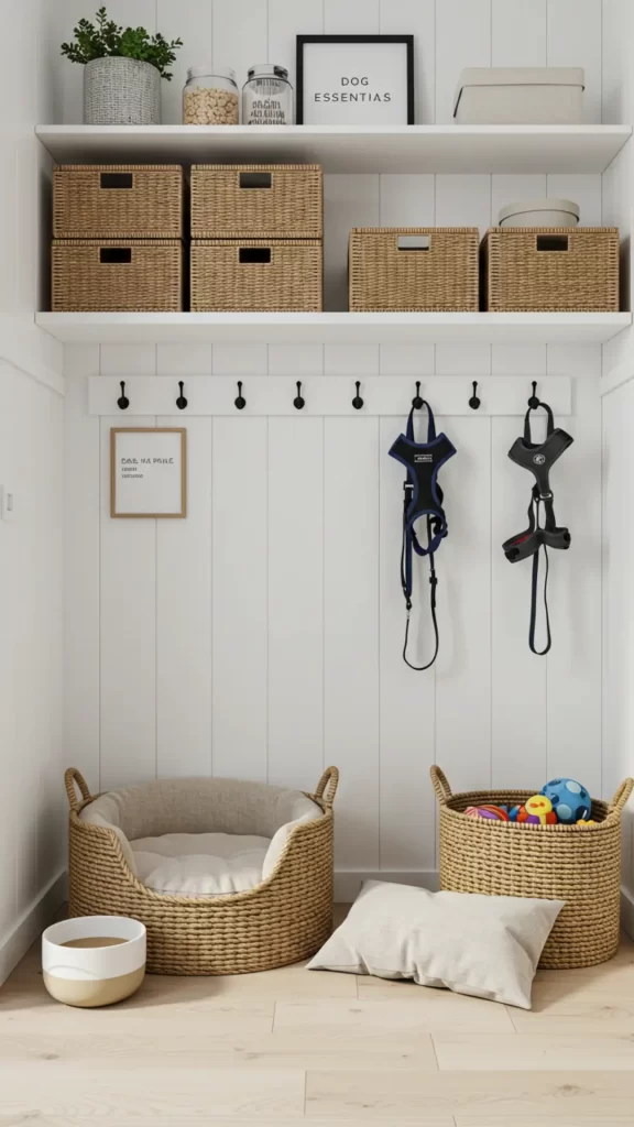 Cantinho pet-friendly em um nicho na sala, com caminha e cesto organizador de palha com brinquedos. Na parede ganchos com coleira e uma prateleira com caixas organizadoras para guardar ração, shampoos e utensílios pet.