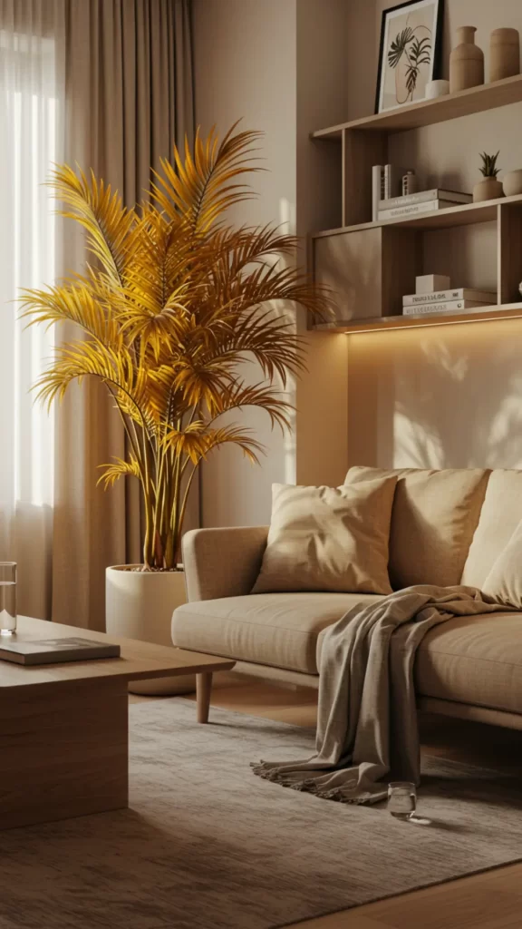 Plantas pet-friendly - Sala de apartamento compacto com sofá neutro coberto por um cobertor, vaso de Areca-Bambu ao lado, mesa de centro e prateleiras flutuantes acima do sofá, criando um ambiente acolhedor e ideal para pets.