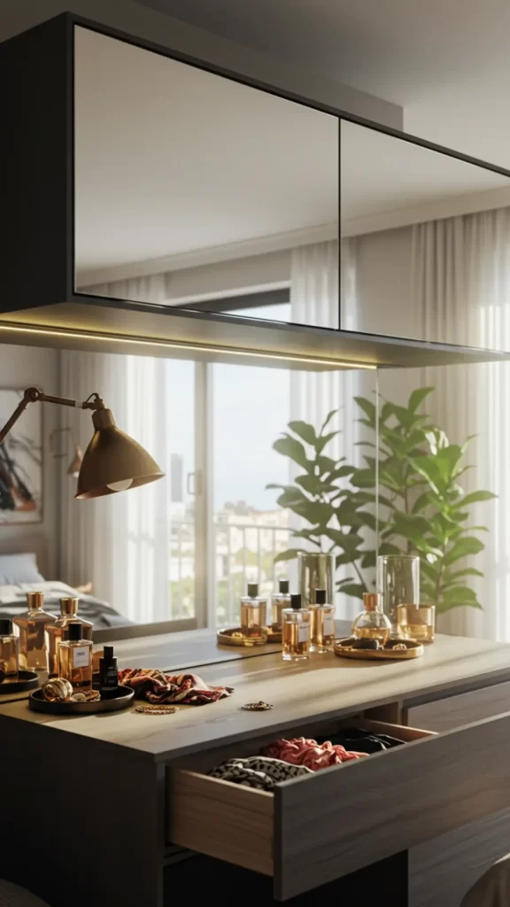 omposição inclui: cômoda prática abaixo do espelho principal, cama posicionada estrategicamente em frente para melhor circulação, e varanda com portas de vidro e cortinas brancas que filtram a luz natural. Detalhes como o vaso com planta verde trazem vida ao espaço, enquanto os espelhos refletem a luminosidade, criando efeito de amplitude.