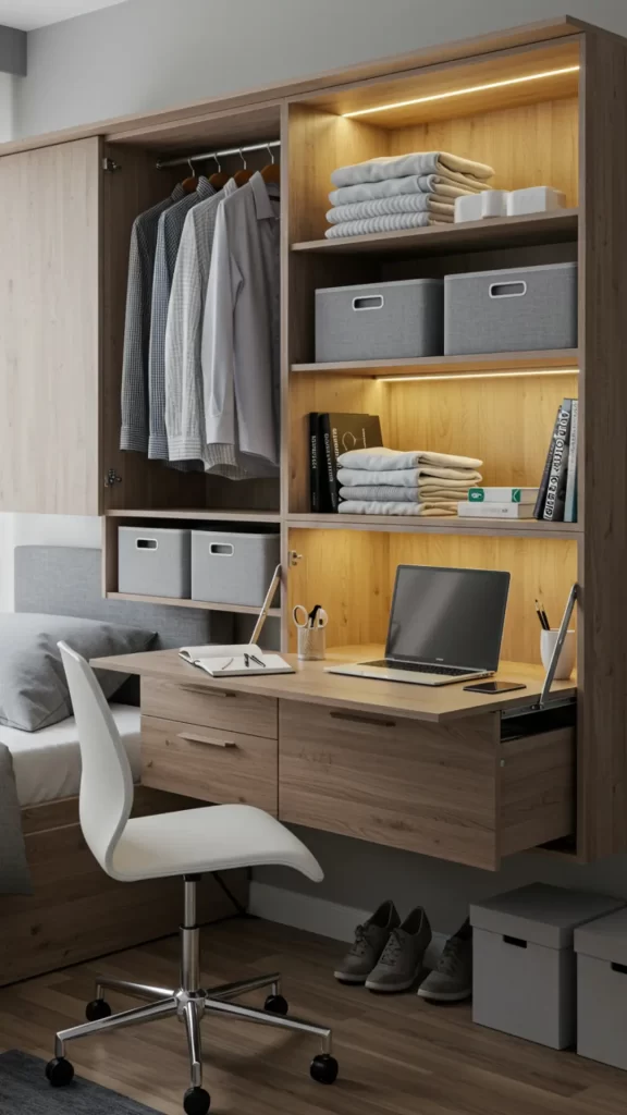 Armário aéreo multifuncional completo para quartos pequenos, com: porta superior para armazenamento, seção central com arara para camisas e prateleira com caixas organizadoras, e nicho iluminado por LED. Destaque para a mesa dobrável em altura ergonômica (fechável quando não usada) com notebook em uso, instalada acima da cama com aproveitamento total do espaço vertical.