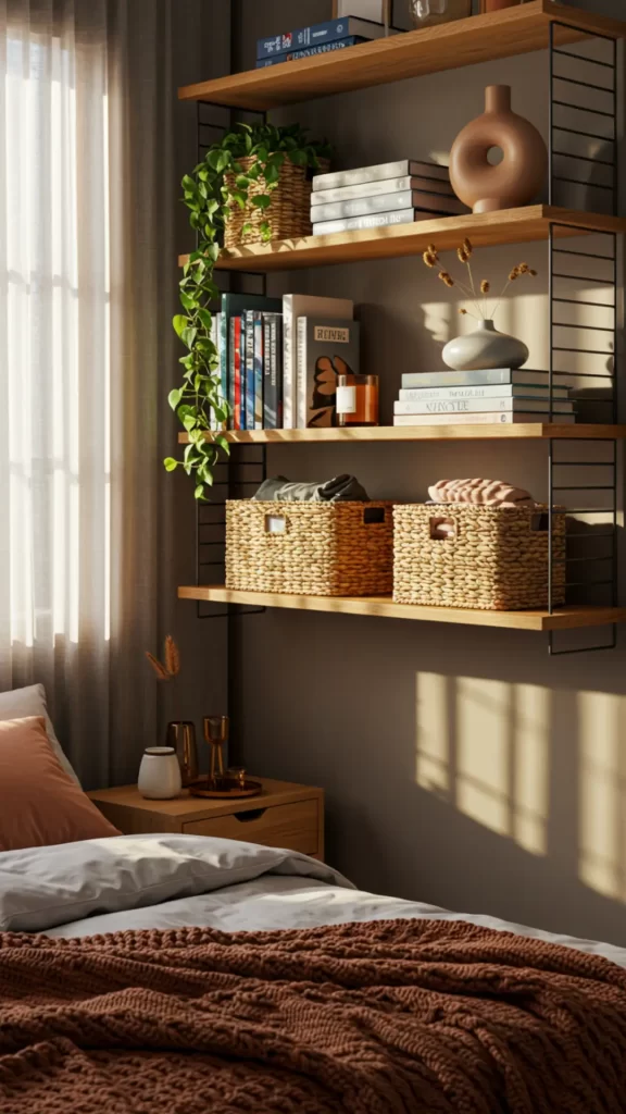 Solução inteligente para quartos pequenos: armário suspenso aberto com 4 prateleiras em madeira clara e estrutura lateral de ferro rústico, garantindo praticidade e estilo. Composição inclui criado mudo minimalista ao lado e cama posicionada estrategicamente sob a janela para aproveitar luz natural. Ambiente organizado com livros e objetos decorativos nas prateleiras, criando um visual acolhedor sem ocupar espaço no chão.
