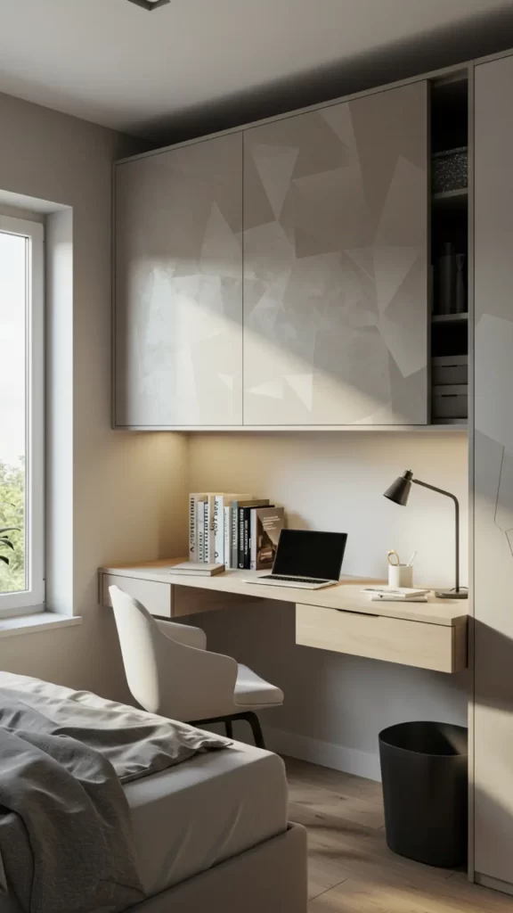 Solução inteligente para apartamentos compactos: quarto funcional com cama individual e escrivaninha de parede branca (2 gavetas laterais práticas), complementada por armário aéreo de portas de correr texturizadas em tom areia. Ambiente claro e arejado, com paredes brancas e iluminação natural realçando o espaço reduzido sem sacrificar estilo ou organização - prova de que pequenos metros podem ser altamente eficientes.