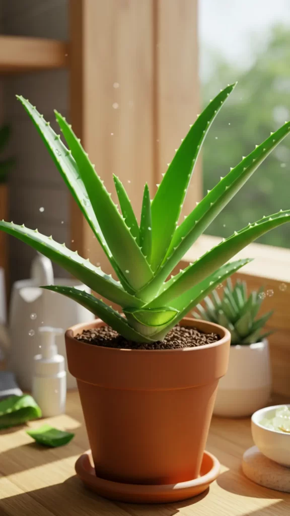 Aloe Vera suculenta em vaso de terracota sobre parapeito de janela, com gel fresco saindo de folha cortada. Purifica o ar removendo benzeno de produtos de limpeza enquanto oferece gel medicinal para queimaduras e hidratação - a planta multifuncional perfeita para cozinhas e banheiros.