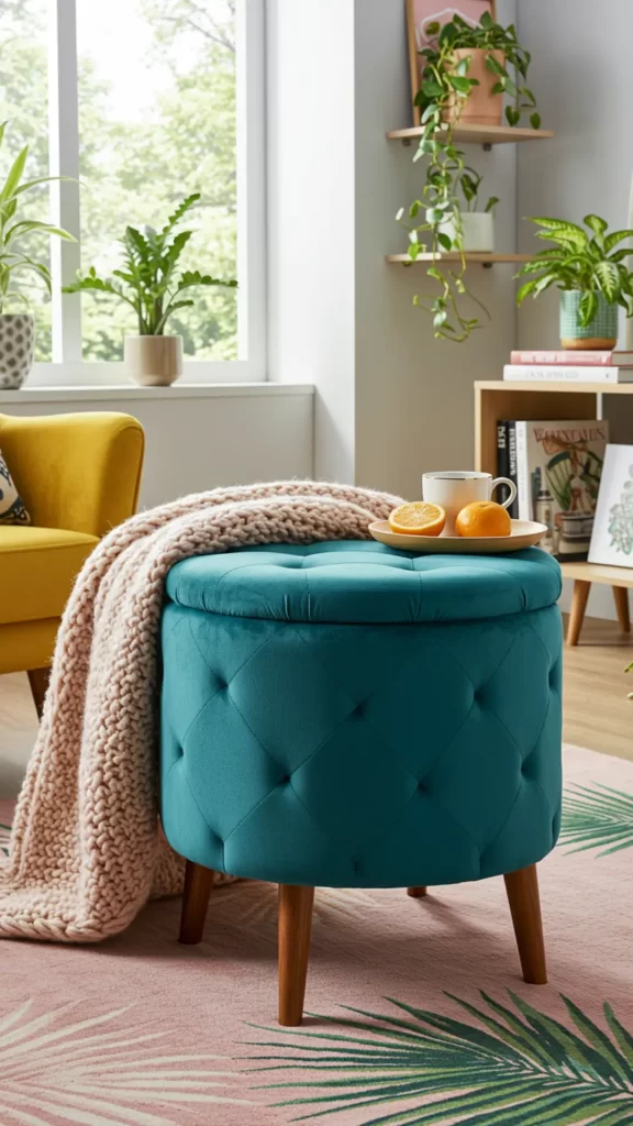 Banco almofadado de veludo verde, com espaço de armazenamento, compondo a decoração de uma sala moderna decorada com cores vibrantes.