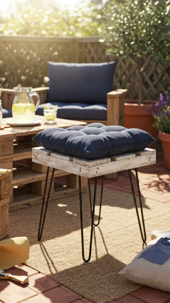 Banquinho feito com pallets, pés de ferro e almofada azul em uma varanda ensolarada e aconchegante com móveis de pallet.