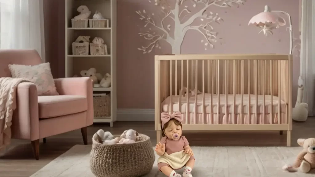 Bebê reborn sentado em tapete felpudo de quarto infantil decorado em tons de rosa.
