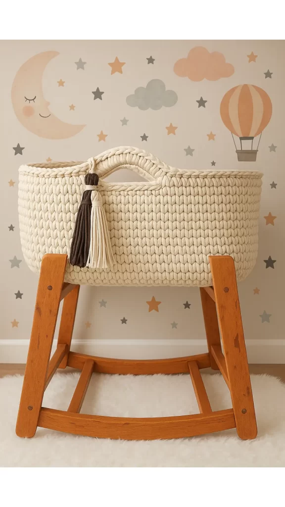 Berço de crochê na cor cru, para bebê reborn com suporte em madeira com parede decorada com papel de parede para quarto infantil.