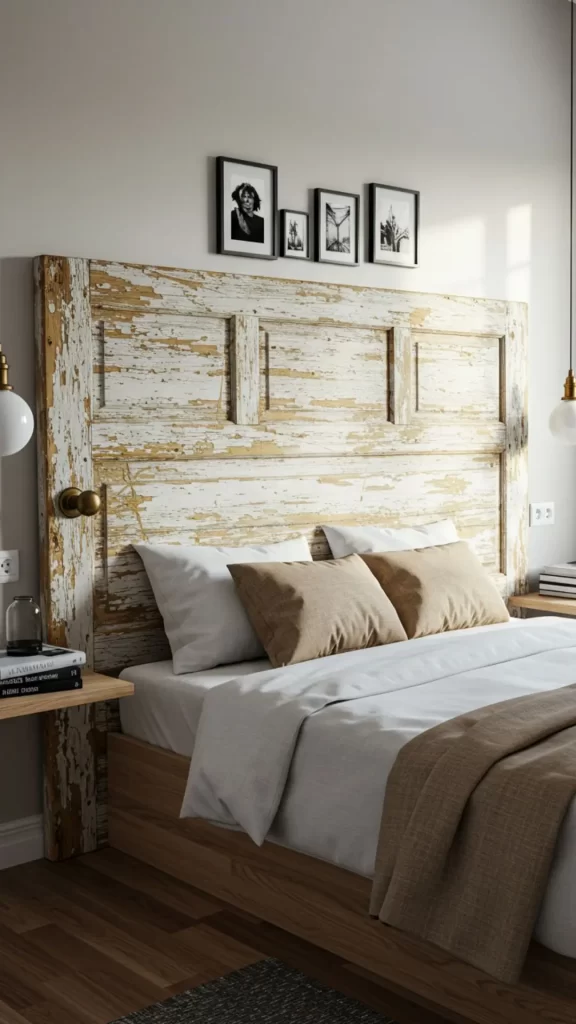 Cabeceira de cama feita de porta antiga