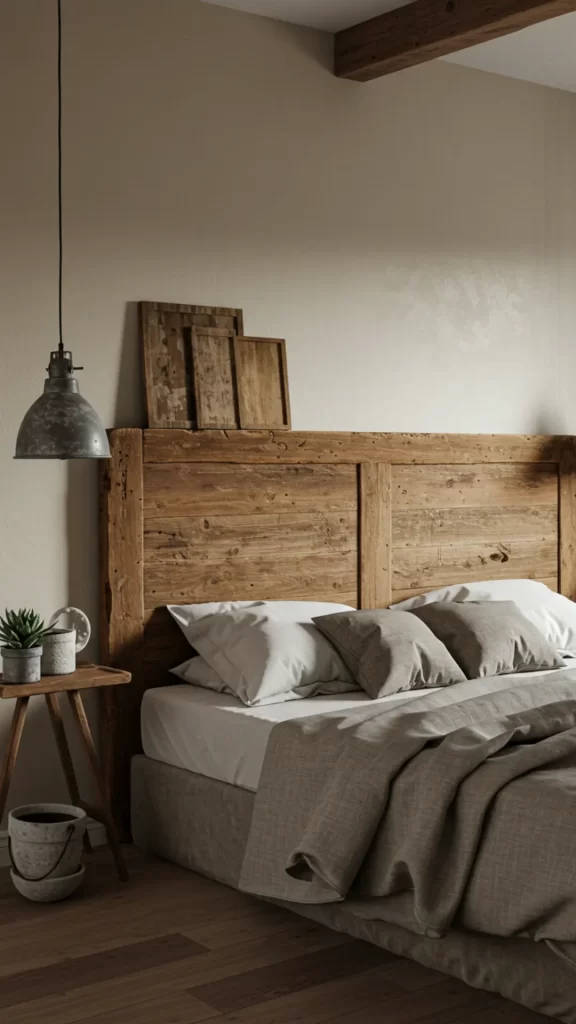 Cabeceira de cama feita de porta antiga de madeira de demolição dando um charme rústico ao quarto com vigas no teto e luminárias pendentes estilo industrial,