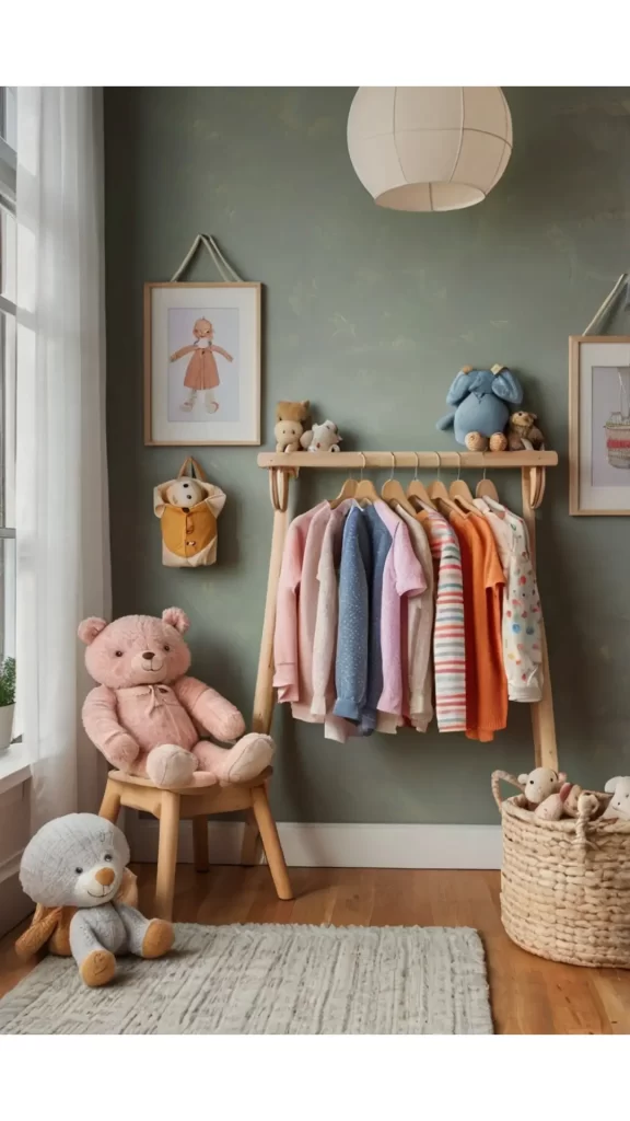 Cabideiro de parede com roupas em quarto infantil decorado.