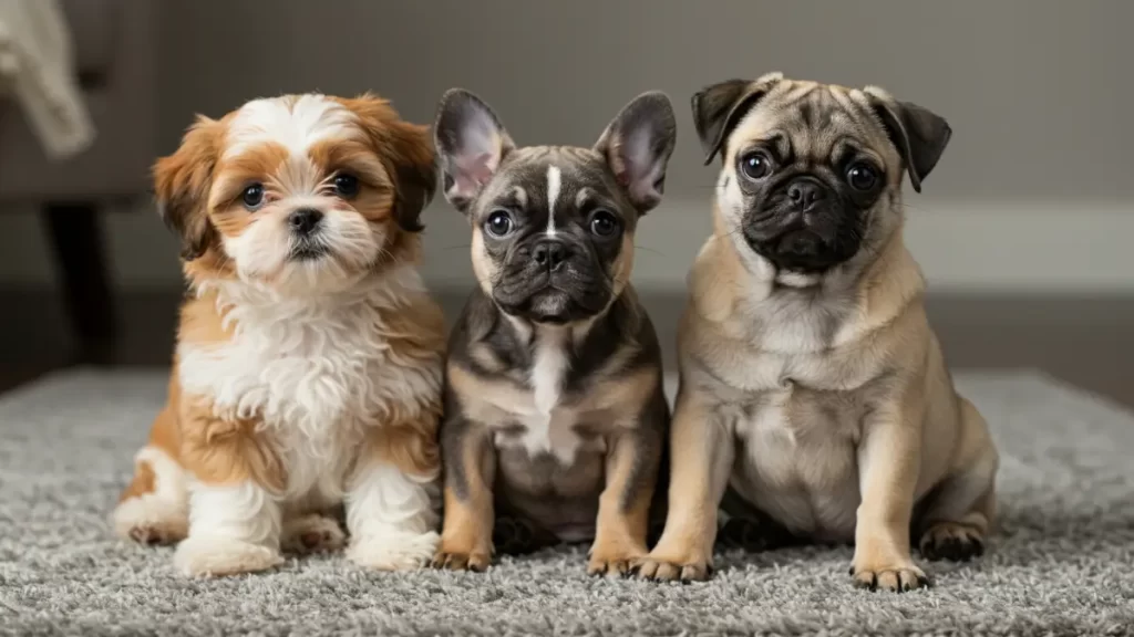 3 raças de cachorros de apartamento ainda filhotes sentados sobre um tapete na sala de um apartamento compacto.