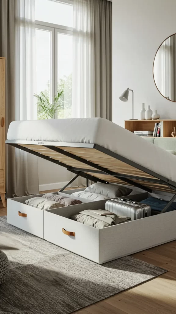Cama-baú com bastante espaço de armazenamento, em quarto compacto e iluminado