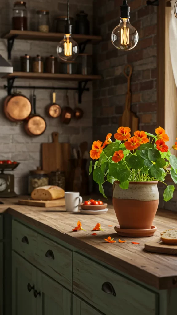 Plantas pet-friendly - Vaso de Capuchinha com flores alaranjadas sobre bancada de madeira rústica em cozinha vintage, com armários verdes, utensílios em cobre, pão, xícara e tomates, criando um ambiente acolhedor e natural.