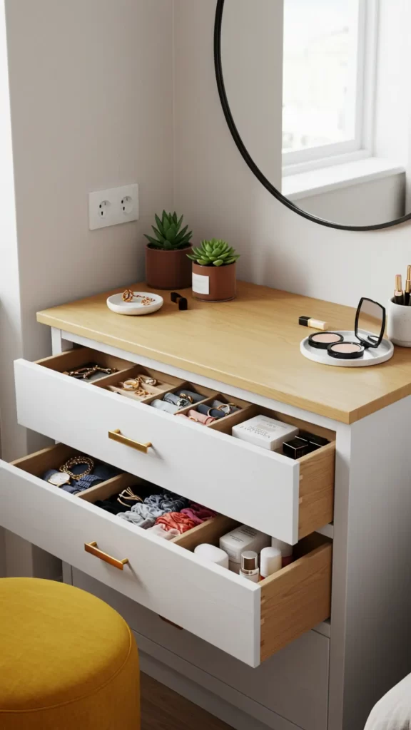 Cômoda com espelho de parede e gavetas com organizadores para guardar maquiagem e cosméticos.