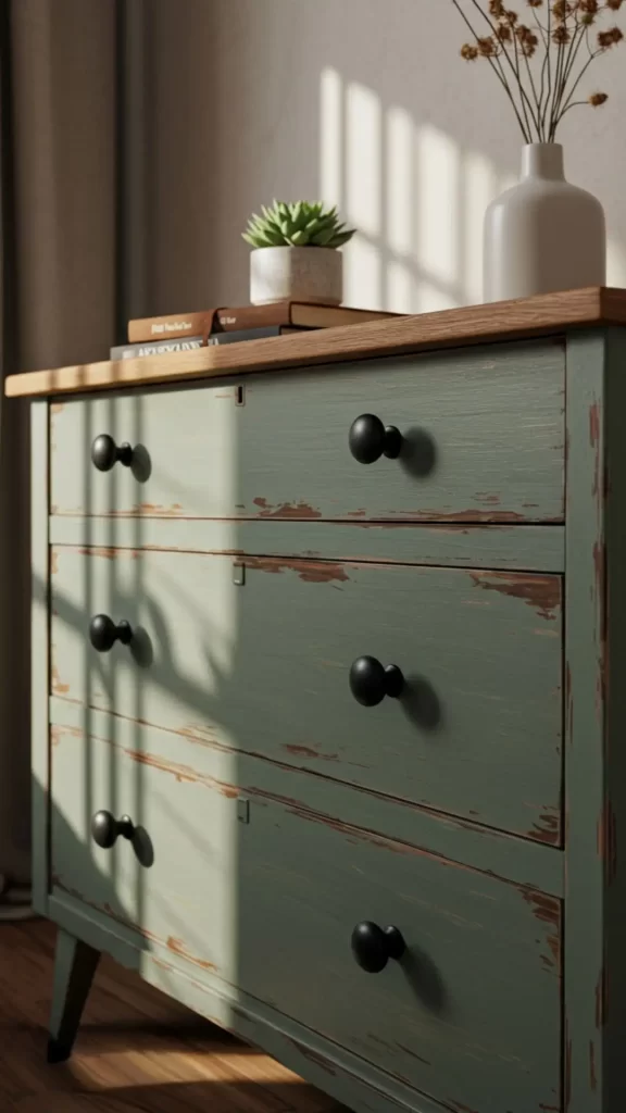 Cômoda antiga, repaginada com pintura verde envelhecida, puxadores de metal e tempo de madeira.